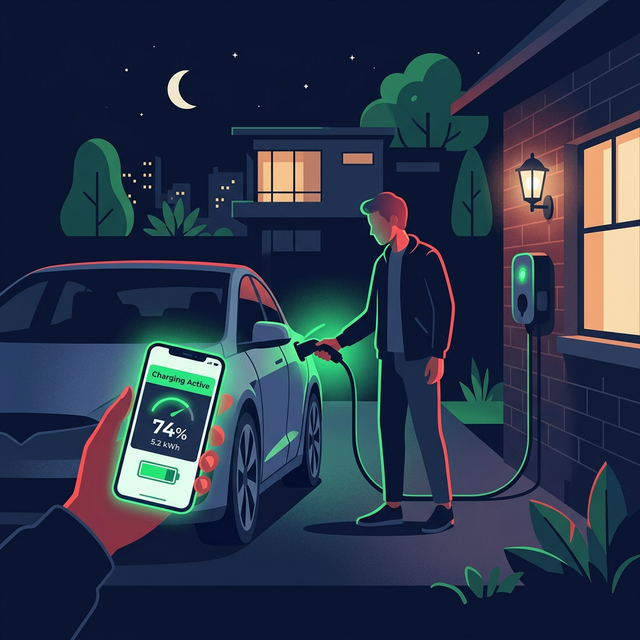EV plugged in and charging with live monitoring on phone